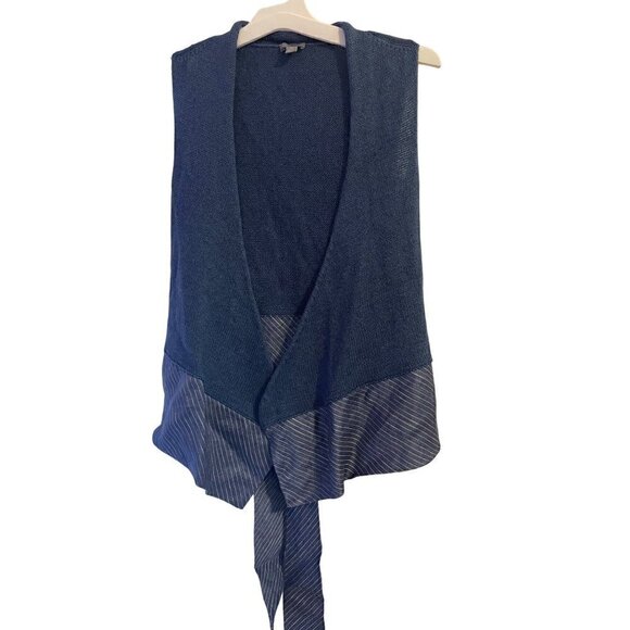 J Jill Wrap Chambray Blue White Lagenlook Tie Sweater Linen Blend Vest Size Larg - Picture 1 of 11